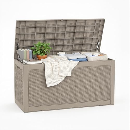 ROJIK 110 Gallon Deck Boxes Outdoor Waterproof, Weatherproof Outdoor Storage Boxes with Lockable Lid and Side Handles for Patio Furniture Cushions, Garden Tools, Pool Accessories (Grey, 110 Gallon) by ROJIK