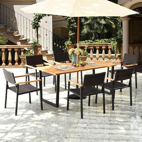 HAPPYGRILL 7 Pieces Wood Rattan Patio Dining Set, Outdoor Dining Furniture Set with Rectangle Table Wicker Chairs, Acacia Wood Tabletop with Umbrella Hole, Dining Set for Garden Backyard - Image 2