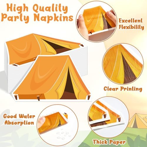 100 Pcs Camping Napkins Happy Camper Party Decorations Tent Camping Napkins Disposable Tent Theme Birthday Party Supplies Decor for Kids Boys Girls Labor Day Outdoor Adventure Baby Shower - Image 3