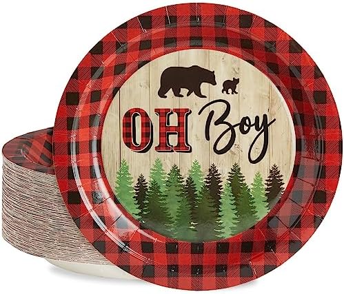 BLUE PANDA Lumberjack Baby Shower Paper Plates - 9 in, 80 Count, Buffalo Plaid - Oh Boy Plates for Baby Shower & Durable Party Supply Decor for Boy Party by BluePanda