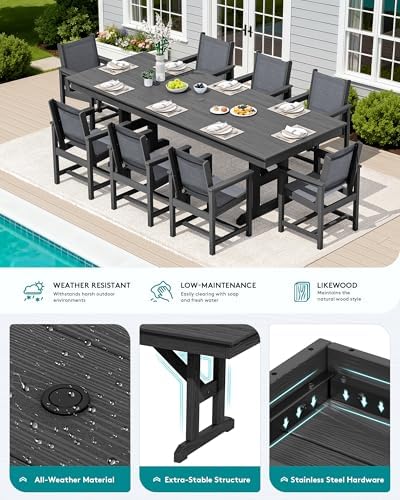 SERWALL 9Pcs HDPE Outdoor Dining Set for 8 with Sling Chairs,Black/Gray - Image 4