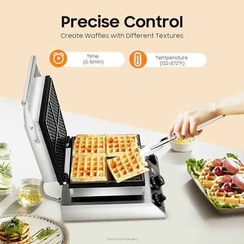 4-Slice Commercial Waffle Maker, 1750W Electric Honeycomb-Shaped Waffle Machine, Stainless Steel Waffle Iron Baker with Non-Stick Coating, 122-572℉ Temperature Adjustable - Image 5