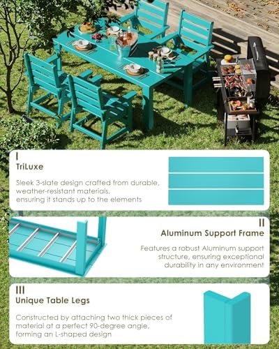 GREENVINES HDPE Outdoor Dining Table w/Umbrella Hole for 6, Aqua - Image 3