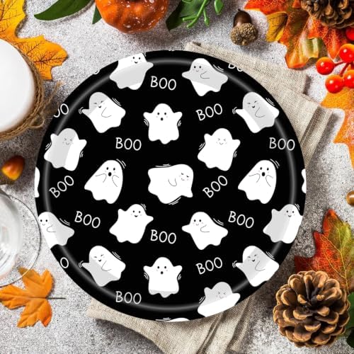 50Pcs Halloween Party Plates Ghost Spooktacular Halloween Paper Plates 7Inch Pumpkin Ghost Plates Black White Boo Paper Plates for Haunted House Themed Boo Pumpkin Birthday Party Decorations (white) - Image 3