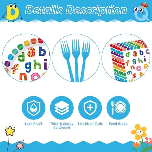 96 PCS Colorful ABC Letters Paper Plates Napkins Set，Serves 24 - Image 4