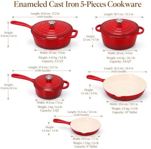 QuliMetal 5-Piece Red Enameled Cast Iron Pots and Pans Set - Image 2