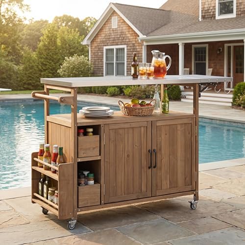 Christopher Knight Home Edsel Outdoor Bar Cart with Stainless Steel Top and Lockable Wheels, Solid Wood Outdoor Storage Cabinet, Kitchen Island Serving Cart for Poolside, Garden, Natural Brown+Silver by ChristopherKnightHome
