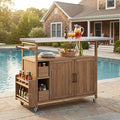 Christopher Knight Home Edsel Outdoor Bar Cart with Stainless Steel Top and Lockable Wheels, Solid Wood Outdoor Storage Cabinet, Kitchen Island Serving Cart for Poolside, Garden, Natural Brown+Silver by ChristopherKnightHome