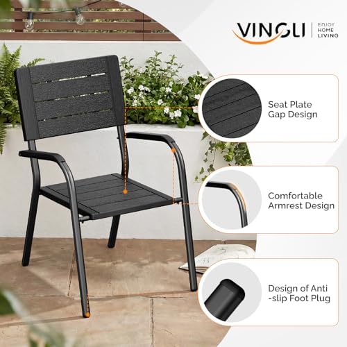 VINGLI Outdoor Patio Dining Chairs, Stackable HDPE All-Weather Arm Chairs, Weatherproof Outdoor Seating for Garden, Backyard, Poolside, Balcony,Black (2 Pack) - Image 4