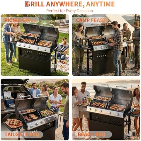 Garvee 5 Burner Propane Gas Grill Griddle Combo with Porcelain Enamel Cast Iron Grate & Cast Iron Pan – Dual BBQ Grill with Flat Top Griddle, 40,000 BTU Large Outdoor Gas Grill for Backyard Kitchen - Image 3