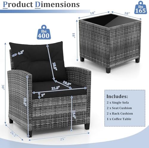 KOTEK 3 Piece Patio Furniture Set, Outdoor PE Rattan Conversation Set with Washable Cushions & Tempered Glass Tabletop, Wicker Chairs and Table Set for Porch, Garden, Balcony (Black) - Image 6
