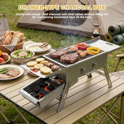 Portable Tabletop Charcoal Grill, Foldable Stainless Steel Mini BBQ Grill with Carry Bag, Lightweight Small Camping Picnic Travel Tailgating Patio Grill - Image 3