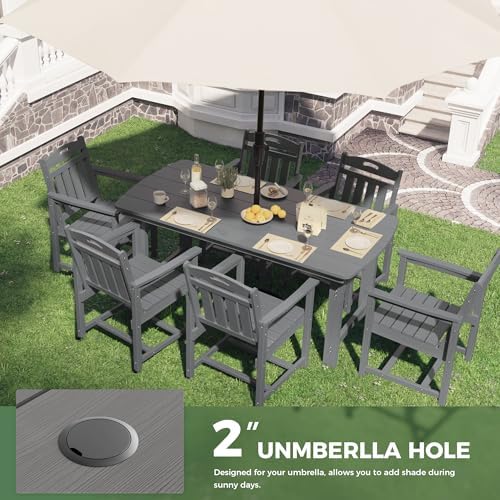HDPE Outdoor Dining Set, Patio Table and 6 Chairs, 2" Umbrella Hole, Grey - Image 5