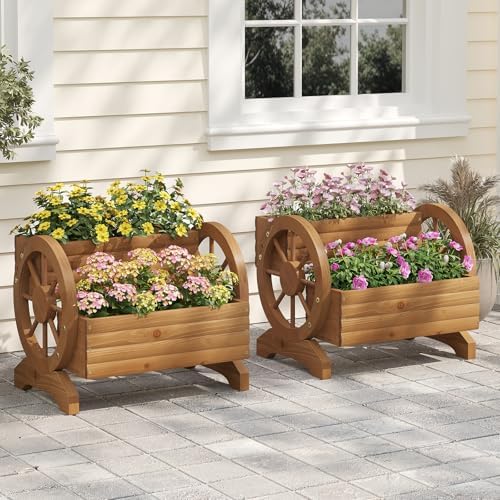 Wooden Wagon Planter Box, Standing Garden Planter, Decorative Outdoor Container,Coffee by Wieghda