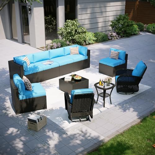 Aoxun Patio Furniture Set with Swivel Rocker Chairs, 10 Piece Outdoor Sectional Sofas, Wicker Rattan Outdoor Furniture with Thickened Cushion for Backyard, Garden Peacock Blue - Image 4