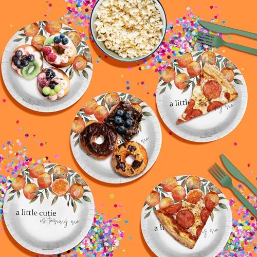Little Cutie First Birthday - 32 Piece Disposable Party Supplies - Decorations for Orange 1st Birthday Round Party Plates - Large 9" Paper Plates In Bulk - Image 5