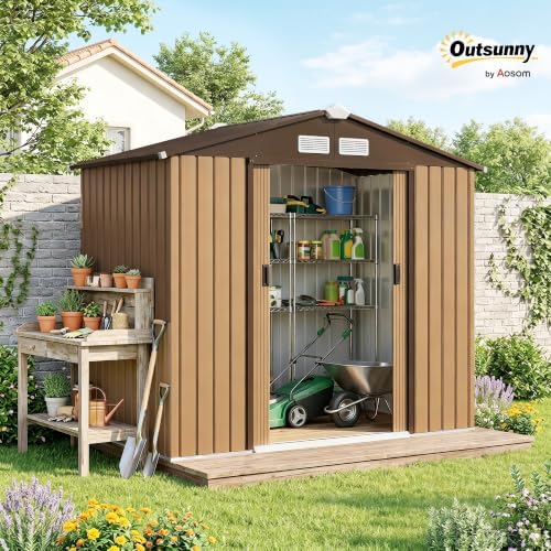 Outsunny 7' x 4' Outdoor Storage Shed Garden Tool Metal Shed Yellow - Image 2