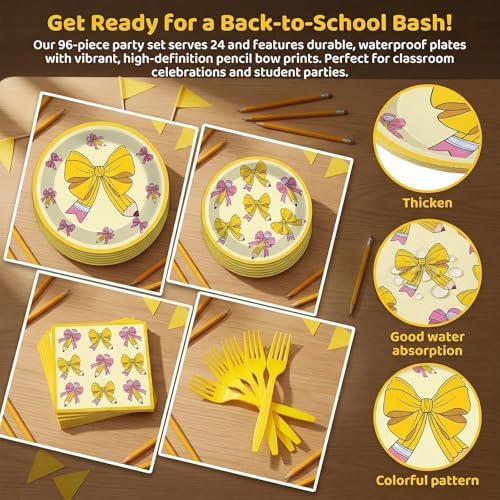 96PCS Back to School Plates and Napkins Pencil Bow Party Decorations - Image 3