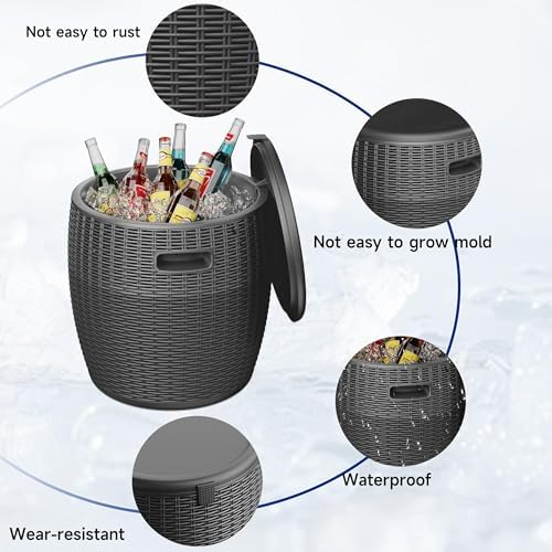 EasyUp 9.5 Gallon Outdoor Cooler Table, Wicker Round Ice Bucket for Parties, Rattan Bar Table with Top Lid Side Handles Drainage Plug, Beer Wine Cooler Side Tables for Patio, Poolside, Deck, Black - Image 6