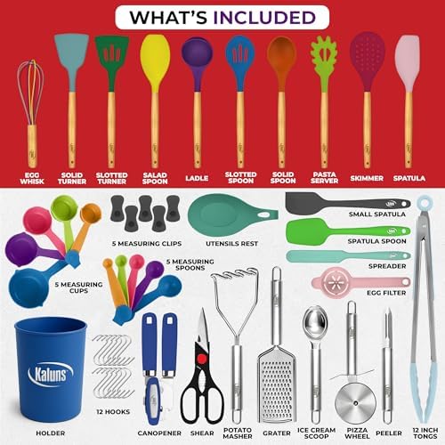 Kaluns 50 PCS Silicone Kitchen Utensils Set Complete Kitchen Set - 800°F Heat Resistant Non-Stick Premium Silicone Cooking Utensils W Wooden Handles - Can Opener, Masher, Turner, Silicone Spatula Set - Image 3