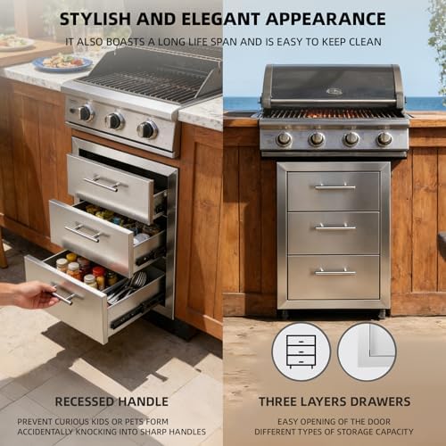 Outdoor Kitchen Drawers 18" x 23" x 23" Stainless Steel Triple Drawer Cabinet with Handles, Flush Mount Modular Storage for BBQ Islands & Patios - Image 6