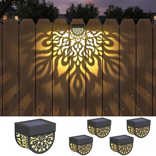 4 Pack Solar Fence Lights Outdoor Wall Lights Plastic Solar Powered Deck Step Stair Lights Mandala Theme Waterproof Fence Solar Light for Garden Post Patio Yard Decor, Gardening Gifts for Women Mom by EKQ