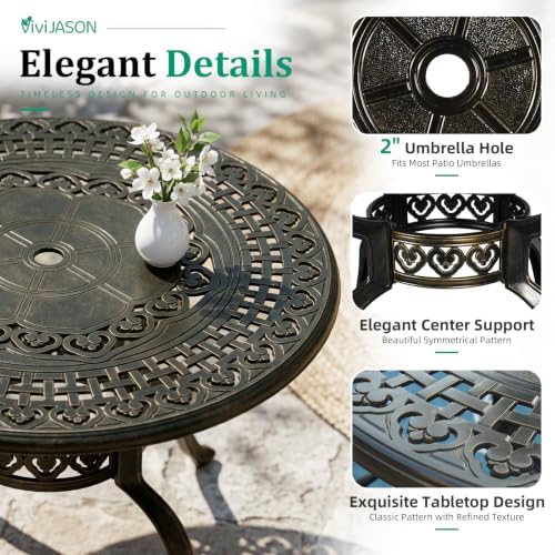 VIVIJASON 5-Piece Patio Furniture Dining Set, All-Weather Cast Aluminum Outdoor Conversation Set, Include 4 Cushioned Chairs and 1 Round Table w/Umbrella Hole for Balcony, Lawn, Backyard, Red Cushion - Image 3