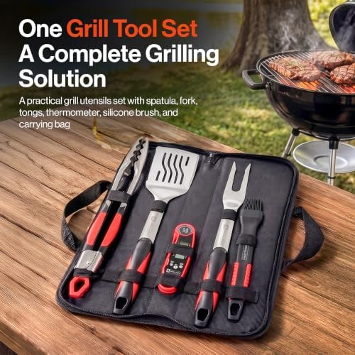 5PCS Grilling Tools for Outdoor Grills - Premium Grilling Utensil Set - Spatula, Tongs, Fork, Thermometer & Brush with Carrying Bag - BBQ Grill Sets for Men - BBQ Grill Accessories Gifts - Image 2