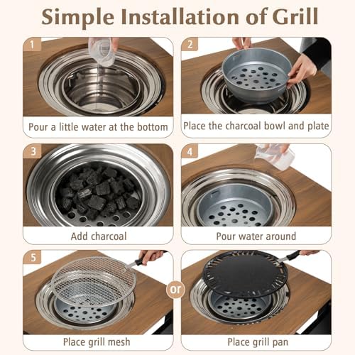 Giantex Outdoor Grill Cart with Korean BBQ Charcoal Grill, Dual Cooking Surfaces, Rolling Food Prep Table with Foldable Side Shelf, Storage Shelves, Wood-Look Top, for Patio, Party & Backyard Cooking - Image 5