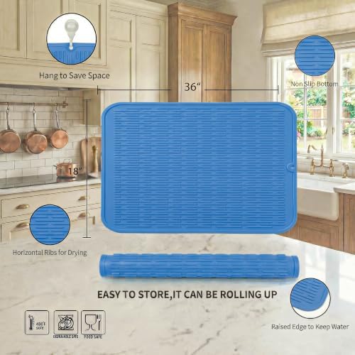 MicoYang Silicone Dish Drying Mat for Multiple Usage,Easy clean,Eco-friendly,Heat-resistant Silicone Mat for Kitchen Counter or Sink,Refrigerator or Drawer Liner Lichen BlueL 5XL 36inches x 18inches - Image 2