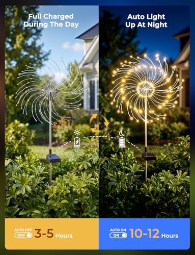 Brightown 4 Pack Garden Decor Solar Lights Outdoor Decorative,150LED Firework Lights for Outside,8 Modes Solar Powered Stake Fairy Light for Yard Pathway Flowerbed Patio Christmas Decor,Warm White - Image 4