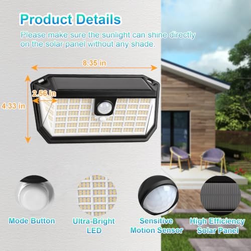 Brightever Solar Motion Sensor Outdoor Lights, 4000LM 344 LEDs Solar Outdoor Lights, IP65 Waterproof Exterior Flood Security Lights with 270° Wide Angle & 3 Modes for Patio Garage, 8-Pack Black - Image 6