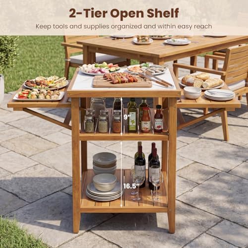 HAPPYGRILL Outdoor Wood Grill Table w/Faux Marble Top, 2-Tier Open Shelves - Image 6