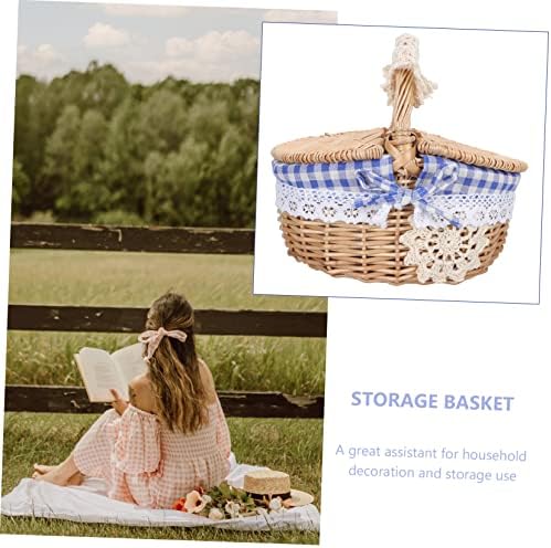 Blue Rattan Picnic Basket with Lid, Woven Storage Hamper for Outdoor - Image 2