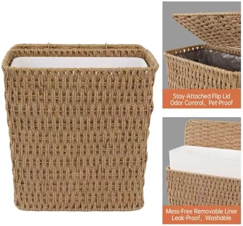 Coeusy 3 Gallon Paper Rope Bathroom Trash Can,Small Wicker Trash Cans with Lid and Liner,Woven Rattan Narrow Waste Basket for Bedroom,Office,Natural - Image 7