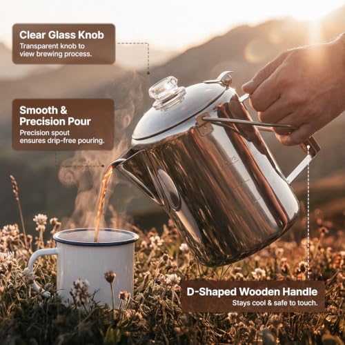 KingCamp Percolator Coffee Pot,304 Stainless Steel with Wood Handle,9 Cup - Image 4