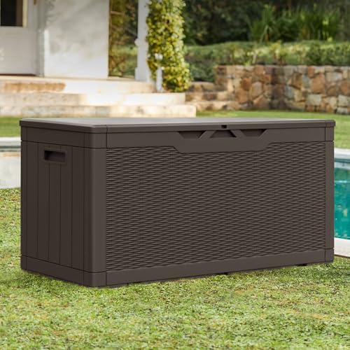 Greesum 100 Gallon Resin Patio Storage Box for Garden Tools, Dark Brown - Image 4