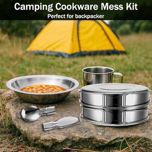 JJUNW 14Pcs Stainless Steel Camping Cookware Set, Lightweight Compact Camping Pots Pans Set with Cups Plates Forks Knives Spoons for Backpacking Camping-Cooking Hiking and Picnic - Image 6