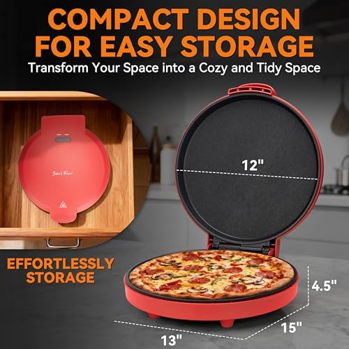 Baker’s Friend Countertop Pizza Maker Electric, 12 Inch Pizza Maker Machine for Home, Quesadilla Maker, Non-stick Cooking Plates, Horno Para Pizza, 1400W, Red - Image 6