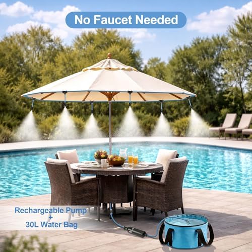 Portable Misting System for Outdoor Cooling, 23 FT Misters for Outside Patio with Rechargeable Pump, 30L Water Bag, 6 Adjustable Nozzles for Tent, Canopy, Backyard, Umbrella and Camping - Image 2