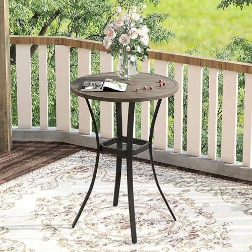 VICLLAX 28" Round Outdoor Bar Table with Adjustable Umbrella Hole, Counter Height Outdoor Furniture for Balcony, Grey Wood-Like - Image 2