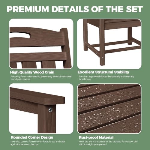 HDPE Outdoor Dining Set, Patio Table and 4 Chairs, 2" Umbrella Hole, Brown - Image 6