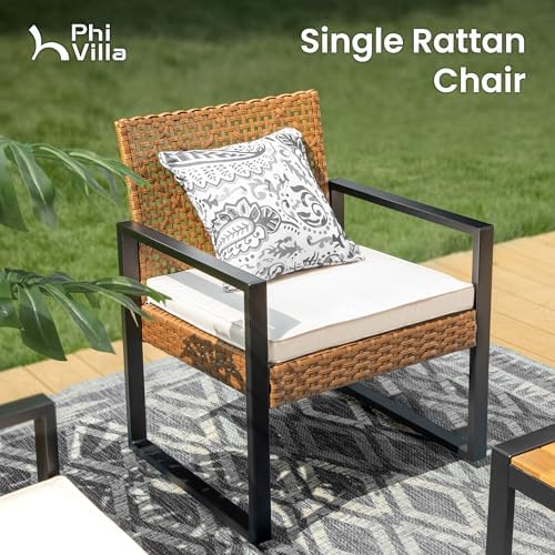 PHI VILLA 4 Piece Brown Wicker Patio Furniture Set with Beige Cushion - Image 4