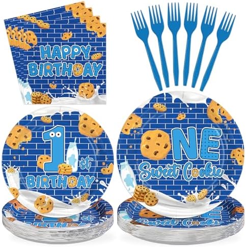 96 Pcs Milk and Cookies 1st Birthday Party Supplies for Boys Serves 24 by Greencian
