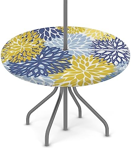 Fitted Round Tablecloth with Umbrella Hole and Zipper Spring Floral Outdoor Elastic Table Cloth 45"-56" Oil-Proof Waterproof Yellow Navy Chrysanthemum Patio Table Cover for Picnic Party by GzLeyigouHomeKitchen