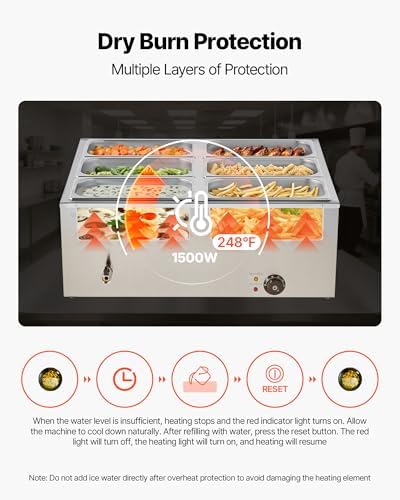 VEVOR Commercial Food Warmer, 1500W Electric Stainless Steel Steam Food Warmer with Lid, 6-Pan Fast Heating Countertop Buffet Bain Marie with Soup & Perforated Ladles, for Catering, Restaurant, Party - Image 5