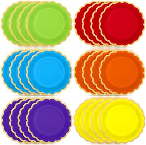 48 Pcs Rainbow Paper Plates 9 Inch Colorful Scalloped Paper Disposable Dinner Dessert Plates for Birthday Wedding Bridal Party Supplies, 6 Colors by Tiangrid
