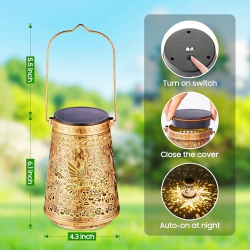 2 Pack Solar Lanterns Outdoor Waterproof Birthday Gifts for Women Mom Grandma, Hollowed-Out Metal Hummingbird Hanging Solar Lantern Lights Garden Decor, 2 Modes Hanging Solar Lights for Yard, Patio - Image 6