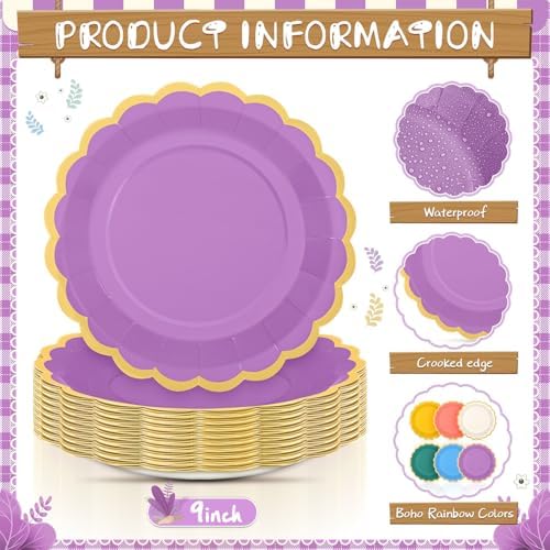 48 Pcs Boho Rainbow Paper Plates 9 Inch Scalloped - Image 4
