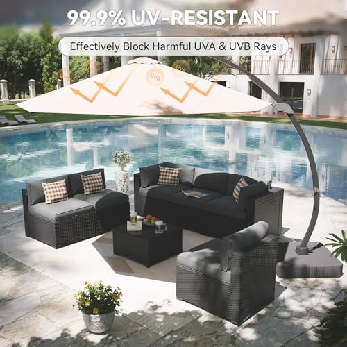 Aoxun Patio Furniture Set with Umbrella, 8 Piece Outdoor Sectional Sofas, Wicker Rattan Outdoor Furniture with Thickened Cushion for Backyard, Garden Light Grey - Image 2